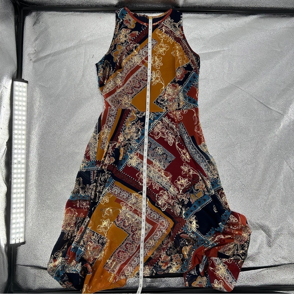 Laundry By Shelli Segal Boho Gold Asymmetrical Hem Sleeveless Midi Dress Size 6 - Picture 9 of 10